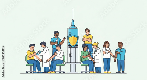 Medical professionals administering vaccinations to diverse group of people with large syringe