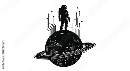 Astronaut standing atop a digitized planet surface represents human exploration of outer space, technological advancement, cosmic travel, and the future of interstellar discovery in this concept.