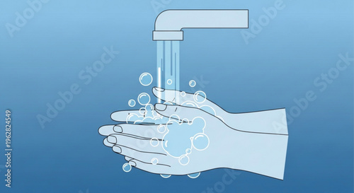 Hands under running water faucet with soap bubbles hygiene