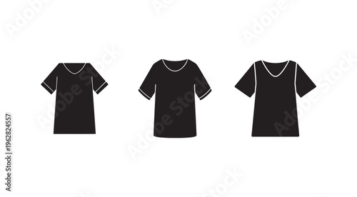 Black t shirts with white trim in various poses  front and side views  simple clothing illustrations
