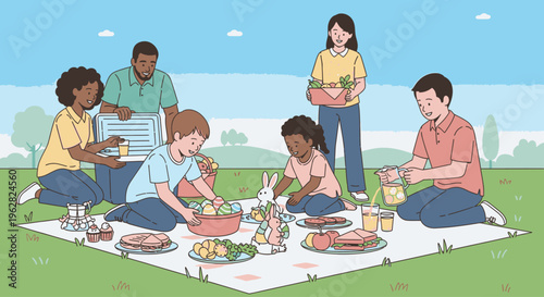 Diverse group of people having a picnic on a blanket in a park with a variety of food and drinks on a sunny day