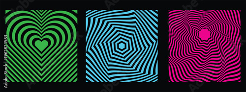 Abstract optical illusion backgrounds with geometric lines, heart shape and vortex patterns in vibrant colors, modern dynamic designs for posters, branding or digital use