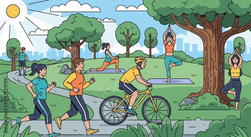 People engaging in various outdoor fitness activities in a park on a sunny day with green trees and a city skyline in the background