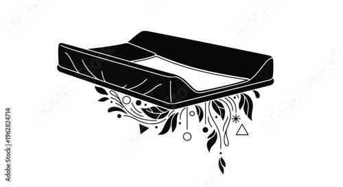 Baby changing pad decorated with organic leaf motifs and geometric shapes serves as a centerpiece for this nursery themed illustration designed for parenting blogs and child care businesses.