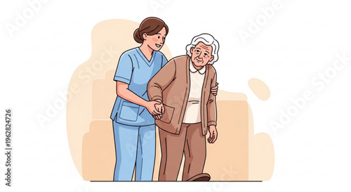 Nurse assisting elderly woman walking together in supportive care