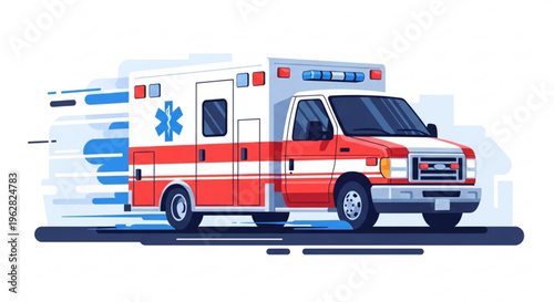 Emergency medical services vehicle driving fast with red and white colors and blue star of life symbol on side