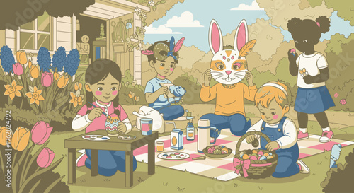 Illustration of children having a picnic with a mascot in a garden with flowers and a house in the background with a sunny and playful mood.