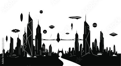 Futuristic city skyline features towering skyscrapers and unidentified flying objects soaring through a clear sky, depicting an advanced metropolis of the distant and imaginative future.