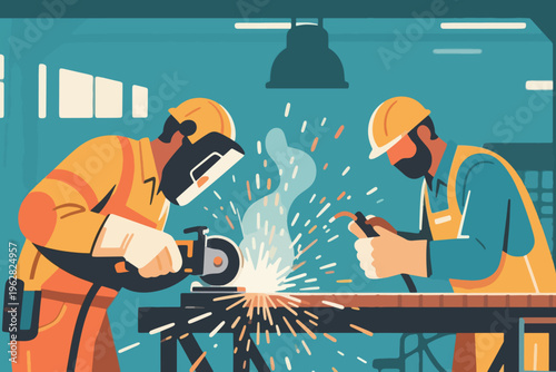 Metalworkers grinding and welding with sparks in workshop, stylized vector illustration of industry and craftsmanship.