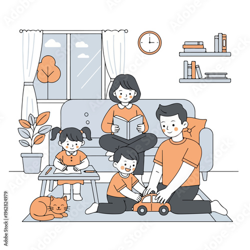 Family time with a mom reading, kids playing, and a cat napping