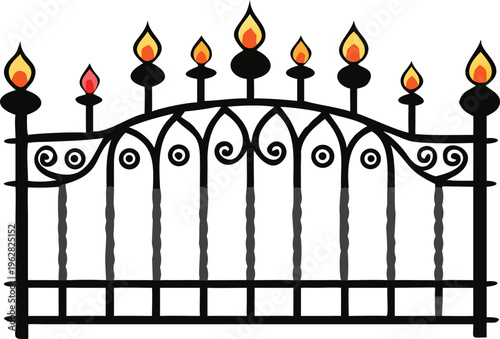 Decorative black wrought iron gate with colorful flame shaped finials