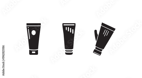 Blackandwhite icons of cosmetic tubes in different positions and designs for graphic design use