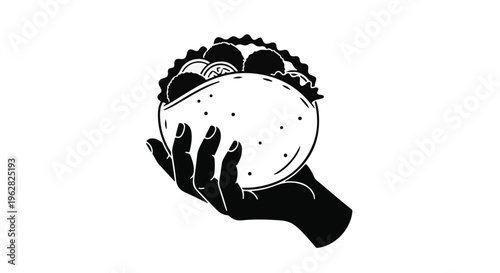 Taco held by a human hand is depicted in this bold and minimalist flat vector illustration which emphasizes the delicious street food culture while providing ample copy space for design work.