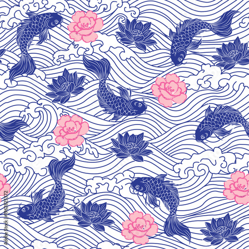 Photography Mahjong Chinoiserie Seamless Pattern with Koi Fish, Peonies, Lotuses, and Water