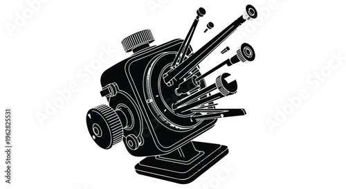 Engine block illustration depicts mechanical parts and metallic components exploding outward to showcase complex engineering and manufacturing precision for industrial design or technical diagrams.