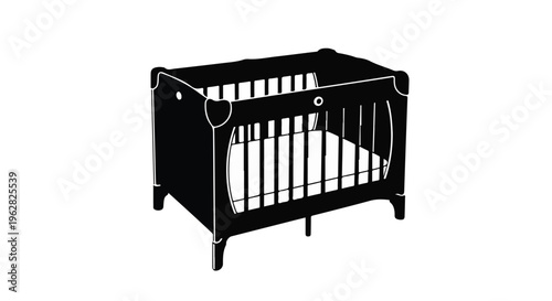 Crib silhouette represents a safe sleeping environment for infants shown as a clean vector graphic design for nursery furniture retail, parenting advice articles, and family home decor concepts.