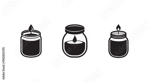 Blackandwhite illustration of three candle jars with lit wicks  isolated on white background