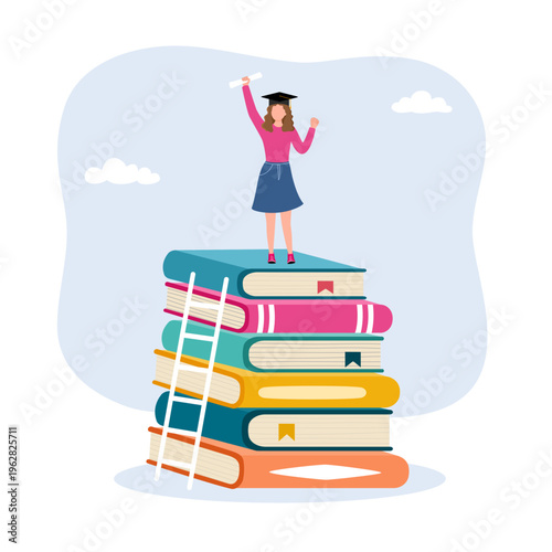 Success education, strategy to achieve higher education, effort to graduate high degree education, success girl climbs the top of the stack of books with a graduation hat.