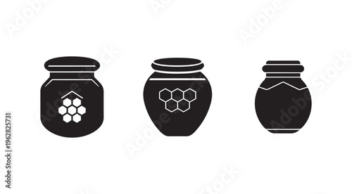 Blackandwhite illustration of three honey jars with honeycomb patterns on a white background