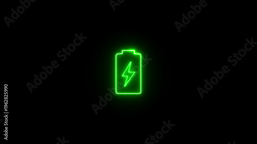 Glowing neon line low battery icon with lightning bolt symbol isolated on black background.