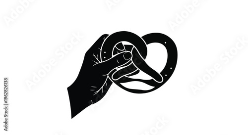 Hand holding a freshly baked salted pretzel captures a casual snack moment that emphasizes comfort food and the tactile enjoyment of artisanal bakery treats in a simple graphic style.