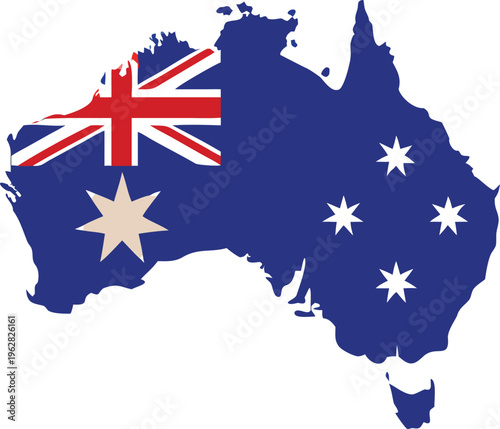 Australian flag displayed over the continental outline of Australia