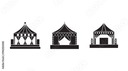 Blackandwhiteillustrationsofvarioustentstructuresforeventsandfestivalswithdetaileddesignsandpatternsisolatedonwhitebackground