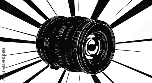 Camera lens captures the essence of photographic art with a dynamic burst of light rays radiating from the center, emphasizing professional focus and high quality optics for modern visual media.