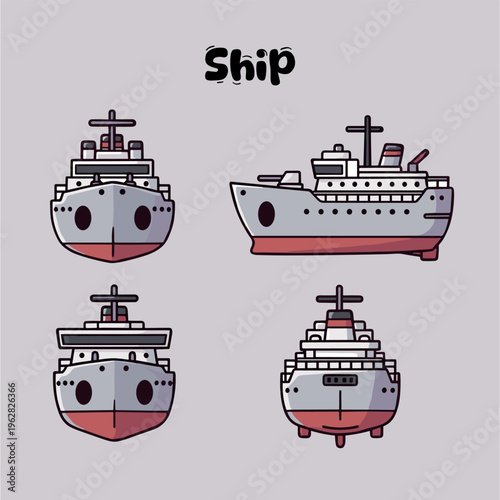 cute ship mascot four images blue red white