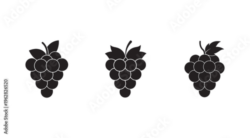Blackberry icons set with three blackberry clusters and leaves on white background