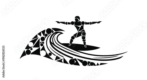Surfer balanced on a surfboard riding a geometric stylized wave shows the perfect harmony between human agility and the raw power of the ocean in this modern black and white graphic artwork.