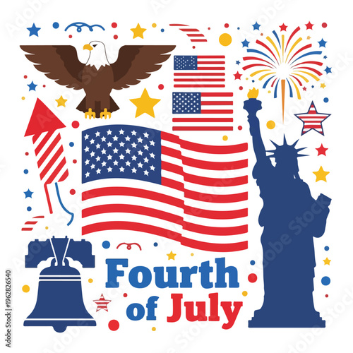 Graphic illustration celebrating Independence Day with patriotic symbols