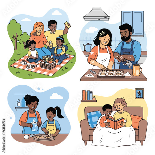 Four family scenes depict picnics, baking, and reading together
