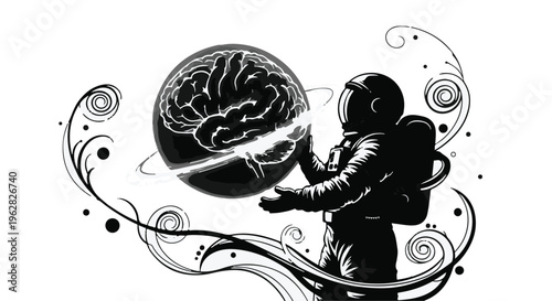 Astronaut interacting with a floating orb representing the human brain explores the depths of consciousness and scientific discovery in a creative black and white minimalist artistic illustration.