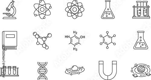 This comprehensive collection of detailed line icons represents a wide range of essential scientific concepts, tools, and elements for educational and research purposes.