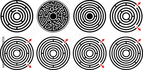 Circular maze vector set with solution arrows labyrinth puzzle designs minimal black line collection isolated background