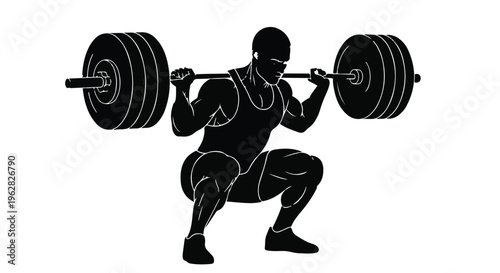 Bodybuilder performing a deep barbell squat showcases intense strength and athletic dedication, serving as a powerful visual representation of physical training and fitness lifestyle goals.