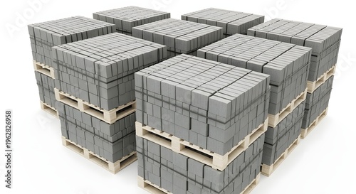 Multiple Stacks of Gray Concrete Bricks on Wooden Pallets Isolated on White Background