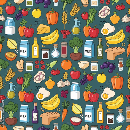 Colorful, repeating pattern of various foods, from produce to dairy