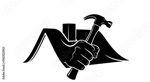 Powerful Hand Holding a Hammer Merged with House Roof Silhouette, Professional Construction and Roofing Service Concept, Home Improvement and Structural Repair Illustration