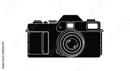 Camera design features a classic mirrorless body structure with a detailed lens and sharp manual focus rings, presented as a clean graphic resource for professional digital photography projects.