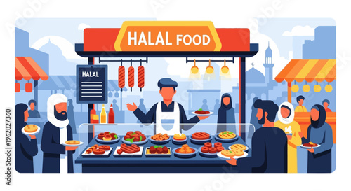 Halal Food Stall with Vendor and Customers.