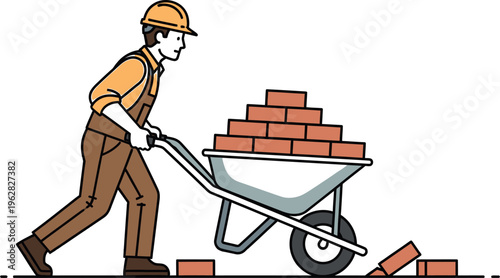 A diligent construction worker wearing a protective hard hat and brown overalls skillfully pushes a heavily loaded wheelbarrow filled with red building bricks on a construction site.