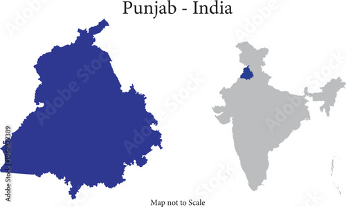 Punjab India map vector with highlighted state location on India map, detailed state outline illustration