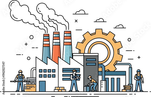 Industrial factory building with smoking chimneys and hardworking employees engaged in manufacturing processes under a large golden gear, symbolizing production and industry.