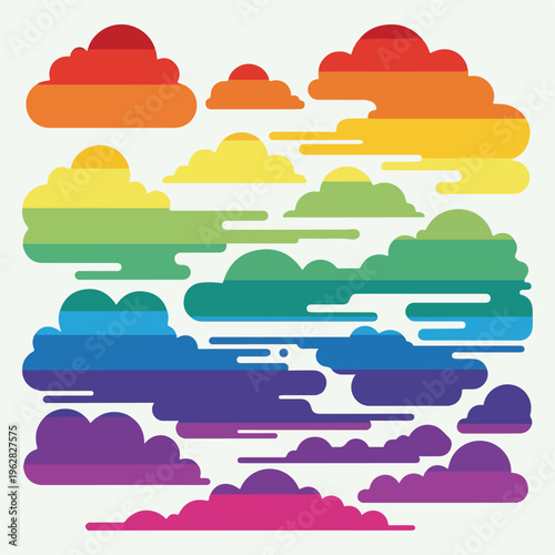 Graphic with numerous stylized cloud shapes of various sizes in rainbow hues