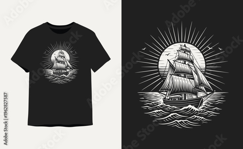 Vintage Nautical Sailing Ship Illustration for T-Shirt Design