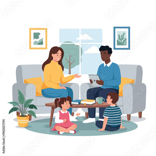 Illustration of a family counseling session with a couple and two children