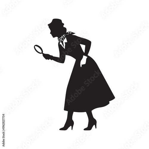 Vintage Silhouette of a Woman Investigator Looking Through a Magnifying Glass for Clues
