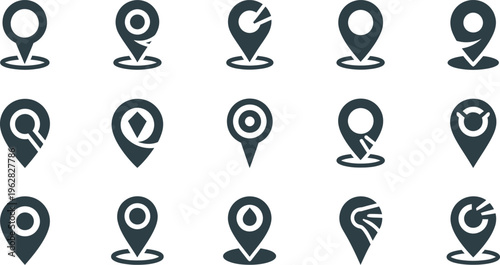 Assortment of Dark Gray Location Pin Icons with Various Designs map marker geolocation